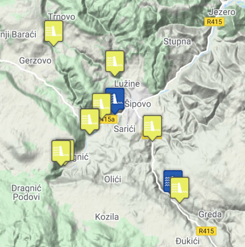 Mapa planiranih mHE kao i onih koji su već u pogonu na teritoriji Šipova / izvor: voda.ekoakcija.org/