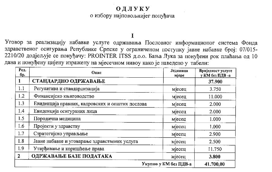 Fond zdravtsvenog osiguranja- odluka o izboru najpovoljnijeg ponuđača